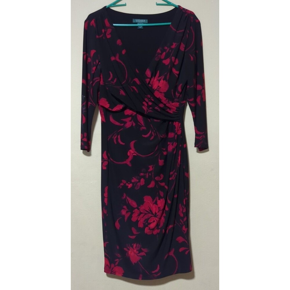 Lauren Ralph Lauren Women's Dress 14 Faux Wrap Midi Dress Black Red Floral
